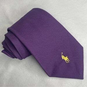 Polo Ralph Lauren Purple Cotton Tie Prominent Gold Horse Logo Handmade Necktie